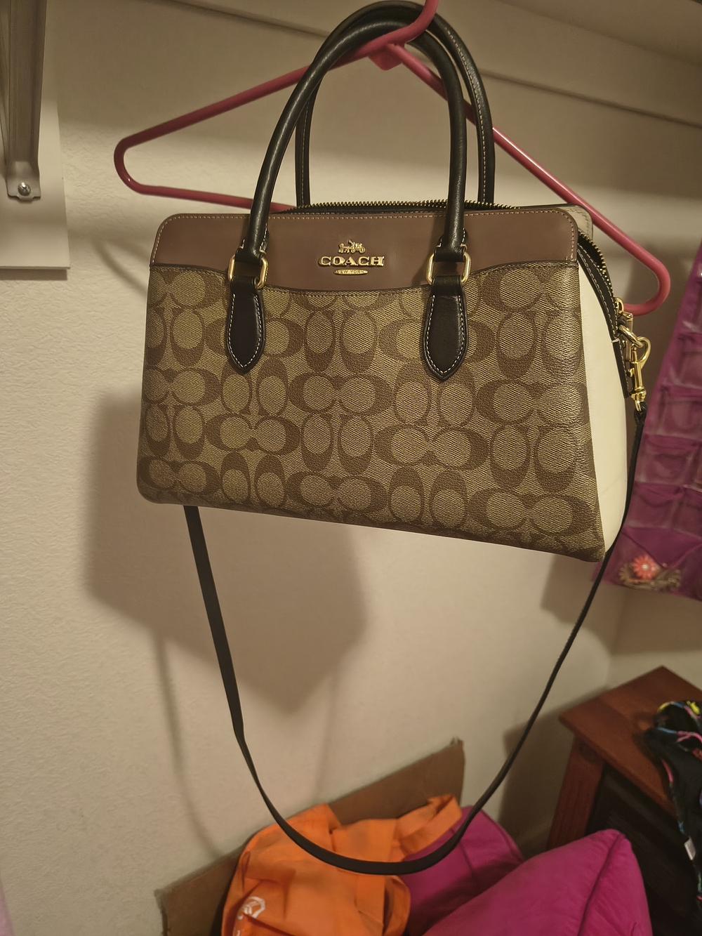 Coach Brown and Cream Signature Canvas Satchel with Black Handles